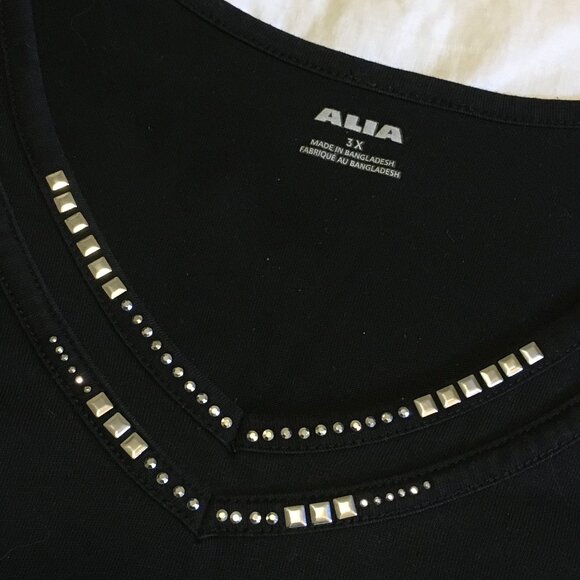 Vintage Black Silver Studded Rhinestone Collar Cotton Blend Tee - Picture 6 of 12